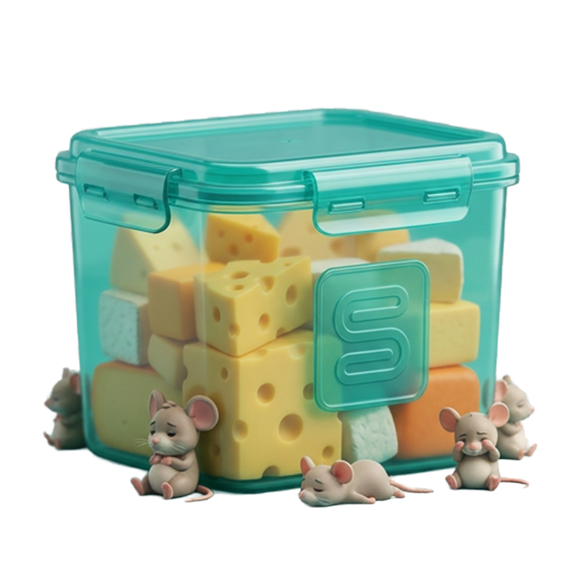 Mice gathered around a cheese container they cannot open